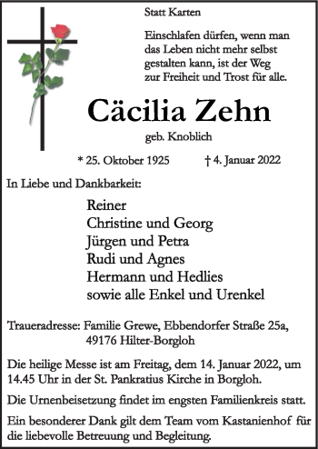 Traueranzeige von Cäcilia Zehn von Neue Osnabrücker Zeitung GmbH & Co. KG