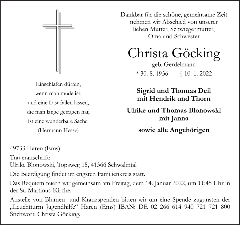  Traueranzeige für Christa Göcking vom 13.01.2022 aus Neue Osnabrücker Zeitung GmbH & Co. KG