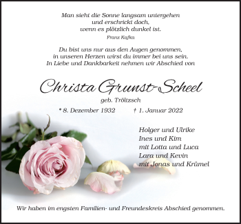 Traueranzeige von Christa Grunst-Scheel von Neue Osnabrücker Zeitung GmbH & Co. KG