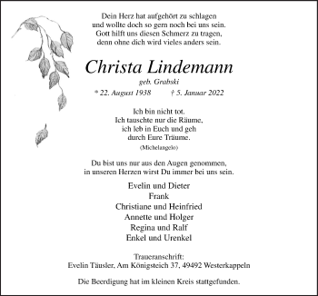 Traueranzeige von Christa Lindemann von Neue Osnabrücker Zeitung GmbH & Co. KG