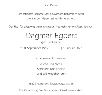 Traueranzeige von Dagmar Egbers von Neue Osnabrücker Zeitung GmbH & Co. KG