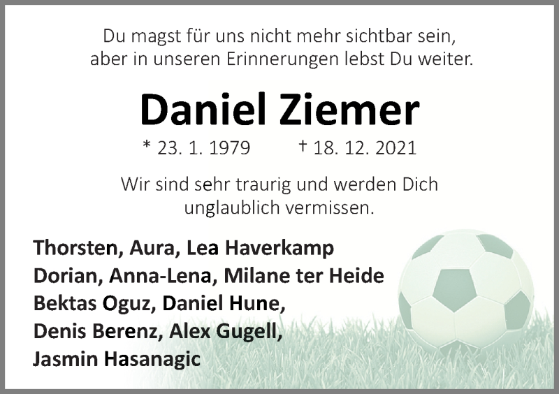  Traueranzeige für Daniel Ziemer vom 03.01.2022 aus Neue Osnabrücker Zeitung GmbH & Co. KG