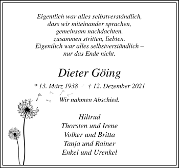 Traueranzeige von Dieter Göing von Neue Osnabrücker Zeitung GmbH & Co. KG