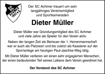 Traueranzeige von Dieter Müller von Neue Osnabrücker Zeitung GmbH & Co. KG