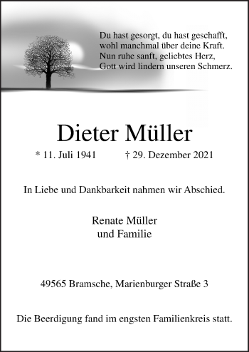 Traueranzeige von Dieter Müller von Neue Osnabrücker Zeitung GmbH & Co. KG