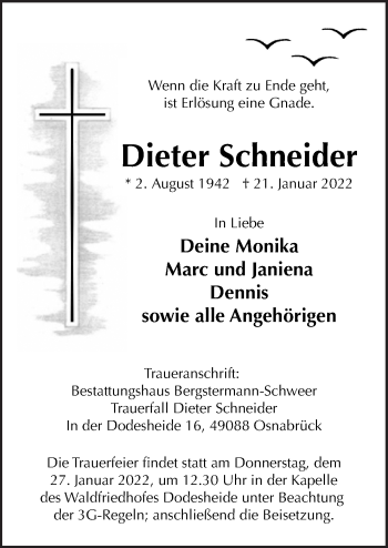Traueranzeige von Dieter Schneider von Neue Osnabrücker Zeitung GmbH & Co. KG
