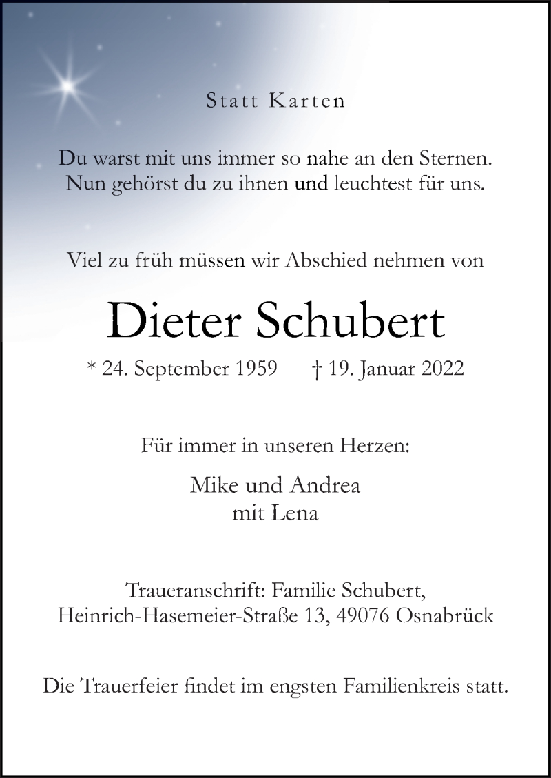  Traueranzeige für Dieter Schubert vom 29.01.2022 aus Neue Osnabrücker Zeitung GmbH & Co. KG