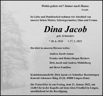 Traueranzeige von Dina Jacob von Neue Osnabrücker Zeitung GmbH & Co. KG