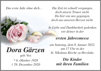 Traueranzeige von Dora Gärzen von Neue Osnabrücker Zeitung GmbH & Co. KG