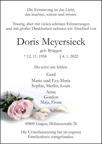 Traueranzeige von Doris Meyersieck von Neue Osnabrücker Zeitung GmbH & Co. KG