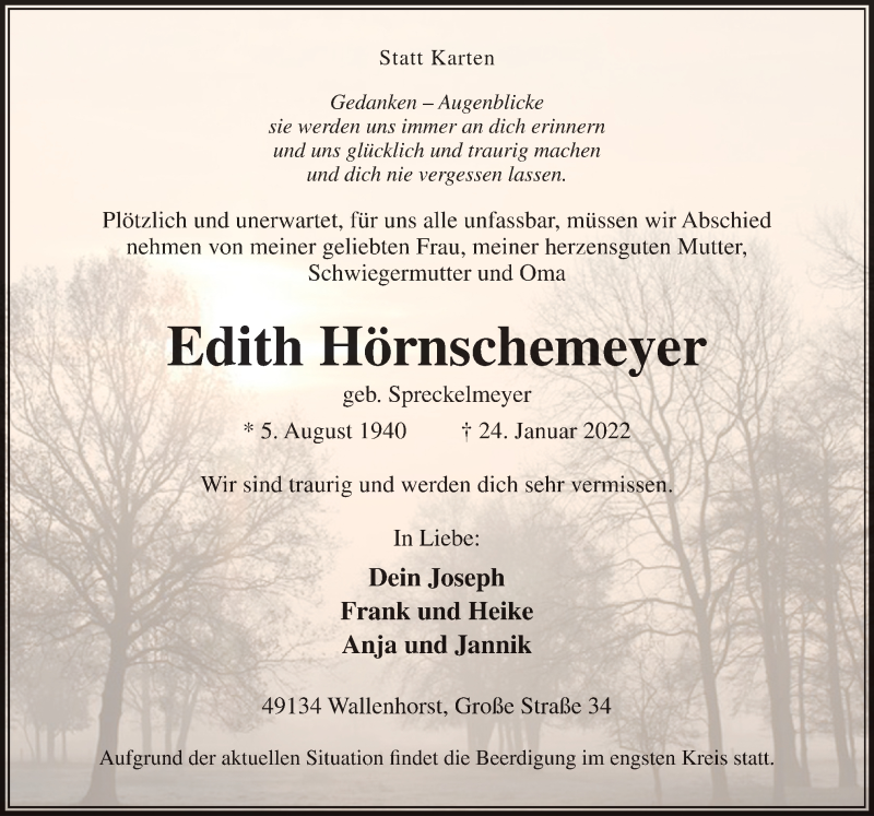  Traueranzeige für Edith Hörnschemeyer vom 26.01.2022 aus Neue Osnabrücker Zeitung GmbH & Co. KG
