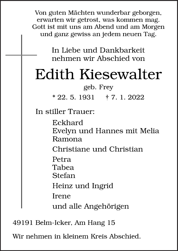  Traueranzeige für Edith Kiesewalter vom 14.01.2022 aus Neue Osnabrücker Zeitung GmbH & Co. KG