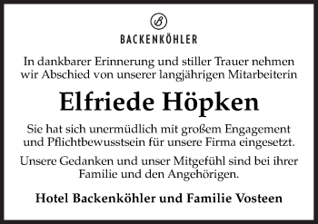 Traueranzeige von Elfriede Höpken von Neue Osnabrücker Zeitung GmbH & Co. KG