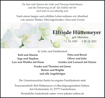 Traueranzeige von Elfriede Hüttemeyer von Neue Osnabrücker Zeitung GmbH & Co. KG