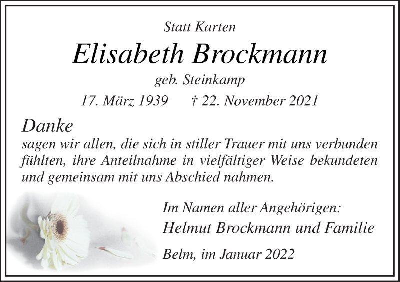  Traueranzeige für Elisabeth Brockmann vom 08.01.2022 aus Neue Osnabrücker Zeitung GmbH & Co. KG