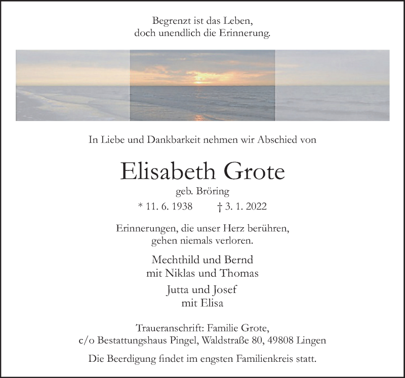  Traueranzeige für Elisabeth Grote vom 08.01.2022 aus Neue Osnabrücker Zeitung GmbH & Co. KG