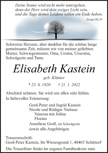 Traueranzeige von Elisabeth Kastein von Neue Osnabrücker Zeitung GmbH & Co. KG