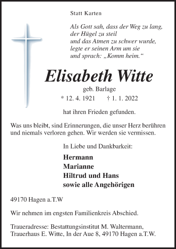 Traueranzeige von Elisabeth Witte von Neue Osnabrücker Zeitung GmbH & Co. KG