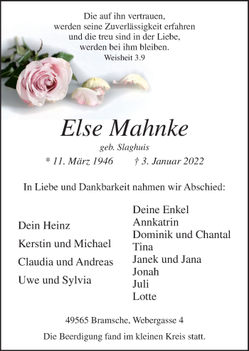 Traueranzeige von Else Mahnke von Neue Osnabrücker Zeitung GmbH & Co. KG