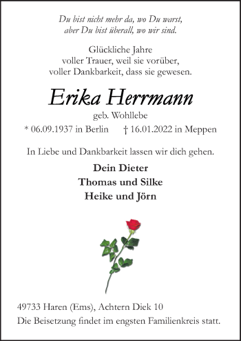 Traueranzeige von Erika Herrmann Herrmann von Neue Osnabrücker Zeitung GmbH & Co. KG