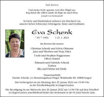 Traueranzeige von Eva Schenk von Neue Osnabrücker Zeitung GmbH & Co. KG