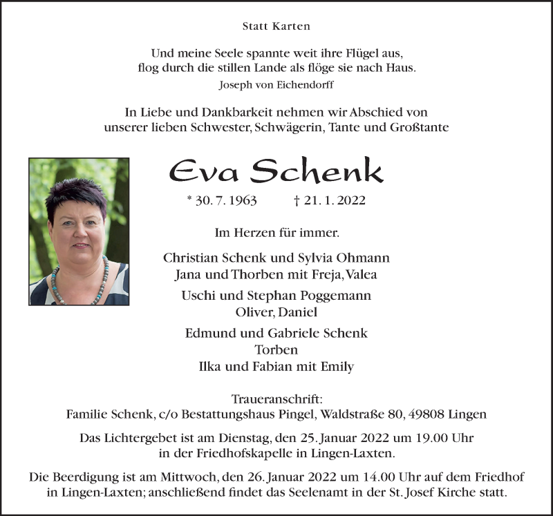  Traueranzeige für Eva Schenk vom 24.01.2022 aus Neue Osnabrücker Zeitung GmbH & Co. KG