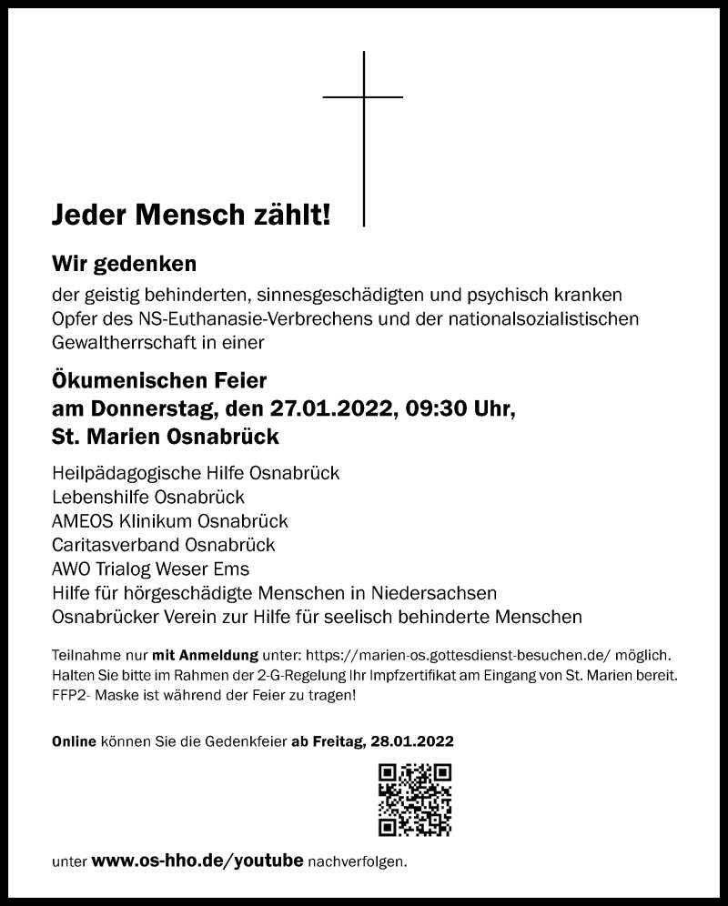  Traueranzeige für Wir gedenken Heilpädagogische Hilfe Osnabrück vom 26.01.2022 aus Neue Osnabrücker Zeitung GmbH & Co. KG
