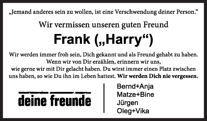  Traueranzeige für Frank  vom 24.01.2022 aus Neue Osnabrücker Zeitung GmbH & Co. KG