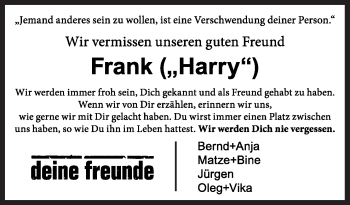 Traueranzeige von Frank  von Neue Osnabrücker Zeitung GmbH & Co. KG