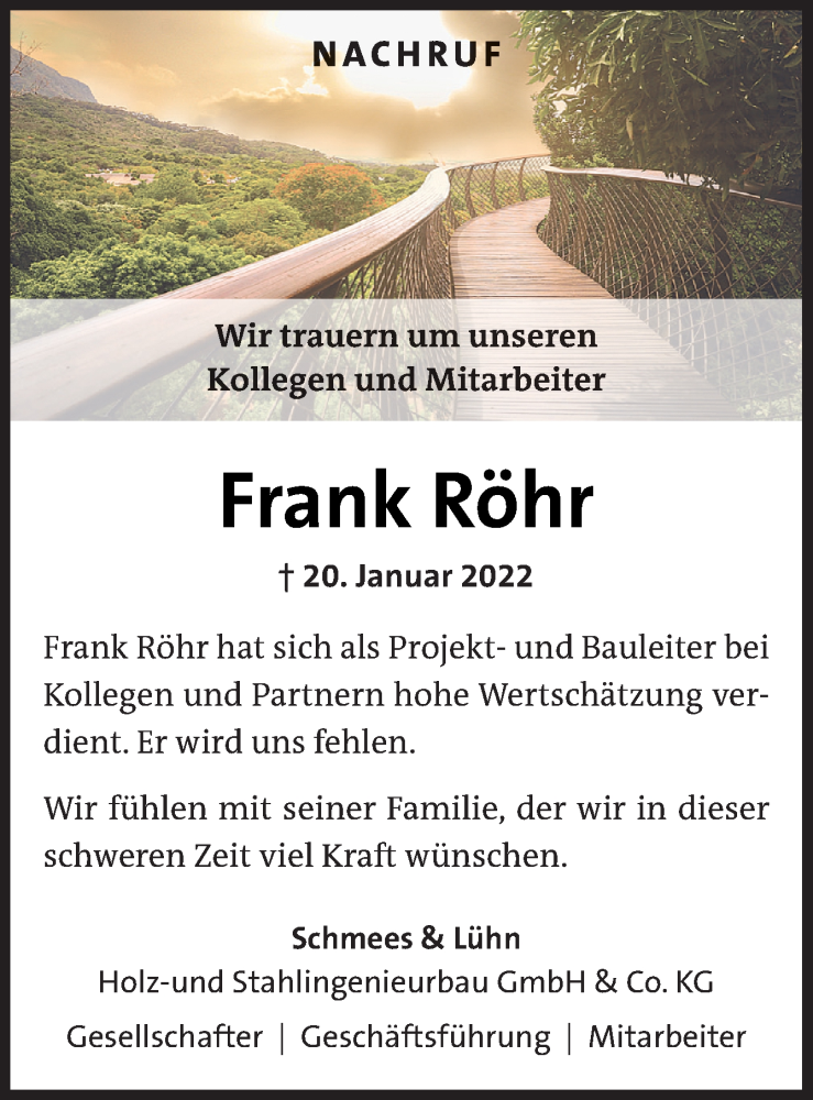  Traueranzeige für Frank Röhr vom 26.01.2022 aus Neue Osnabrücker Zeitung GmbH & Co. KG