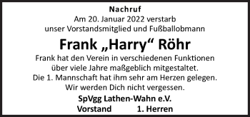 Traueranzeige von Frank Röhr von Neue Osnabrücker Zeitung GmbH & Co. KG