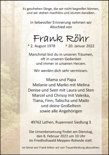 Traueranzeige von Frank Röhr von Neue Osnabrücker Zeitung GmbH & Co. KG