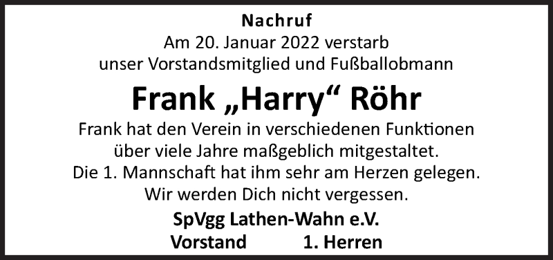  Traueranzeige für Frank Röhr vom 26.01.2022 aus Neue Osnabrücker Zeitung GmbH & Co. KG