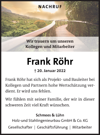 Traueranzeige von Frank Röhr von Neue Osnabrücker Zeitung GmbH & Co. KG