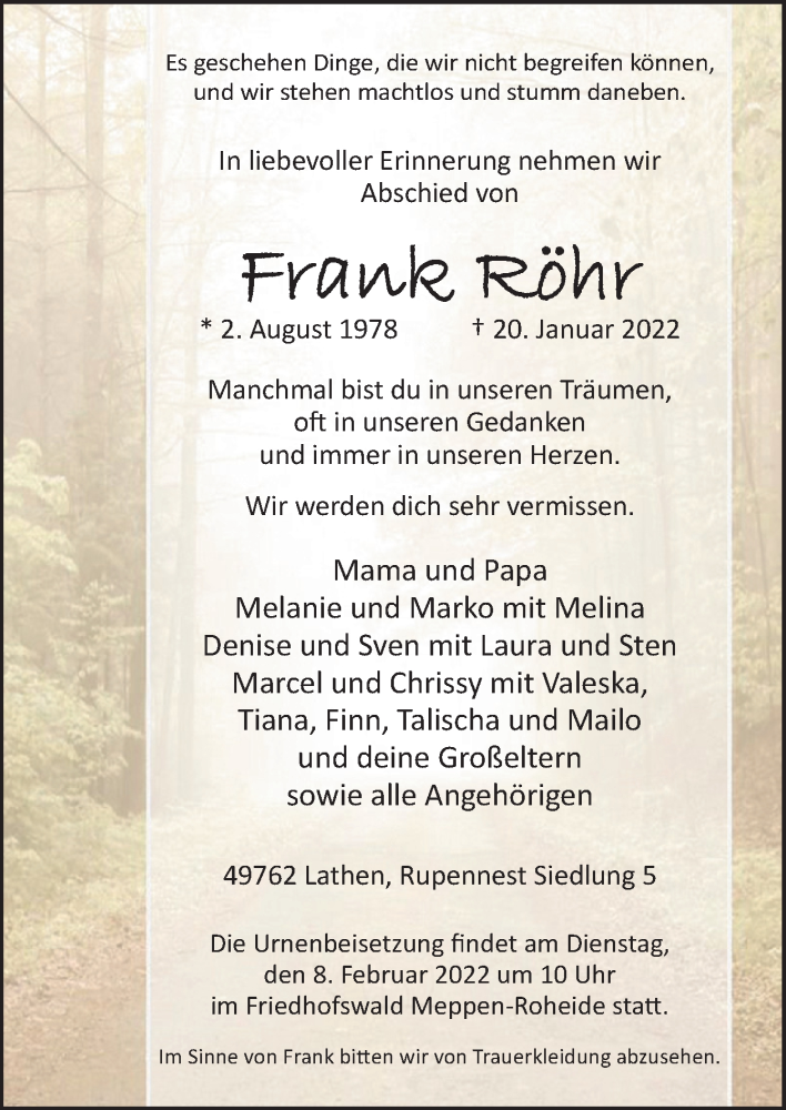  Traueranzeige für Frank Röhr vom 22.01.2022 aus Neue Osnabrücker Zeitung GmbH & Co. KG