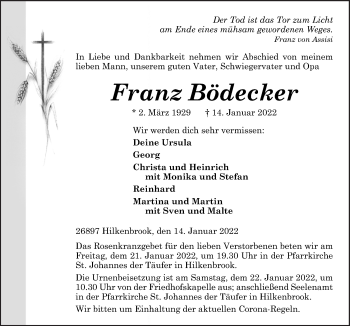 Traueranzeige von Franz Bödecker von Neue Osnabrücker Zeitung GmbH & Co. KG