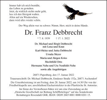 Traueranzeige von Franz Debbrecht von Neue Osnabrücker Zeitung GmbH & Co. KG