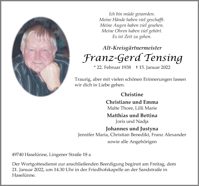  Traueranzeige für Franz-Gerd Tensing vom 18.01.2022 aus Neue Osnabrücker Zeitung GmbH & Co. KG