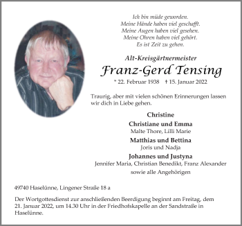 Traueranzeige von Franz-Gerd Tensing von Neue Osnabrücker Zeitung GmbH & Co. KG