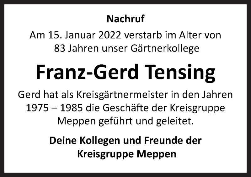  Traueranzeige für Franz-Gerd Tensing vom 21.01.2022 aus Neue Osnabrücker Zeitung GmbH & Co. KG