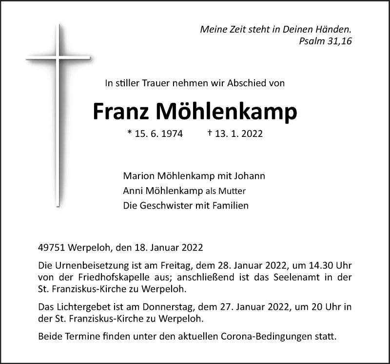  Traueranzeige für Franz Möhlenkamp vom 20.01.2022 aus Neue Osnabrücker Zeitung GmbH & Co. KG