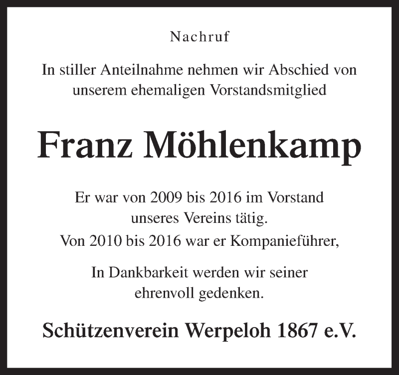  Traueranzeige für Franz Möhlenkamp vom 21.01.2022 aus Neue Osnabrücker Zeitung GmbH & Co. KG