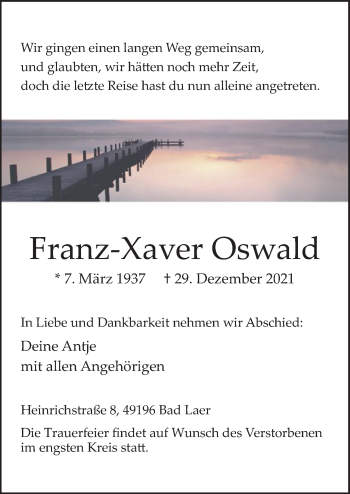 Traueranzeige von Franz-Xaver Oswald von Neue Osnabrücker Zeitung GmbH & Co. KG