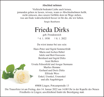 Traueranzeige von Frieda Dirks von Neue Osnabrücker Zeitung GmbH & Co. KG