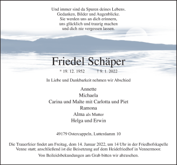 Traueranzeige von Friedel Schäper von Neue Osnabrücker Zeitung GmbH & Co. KG