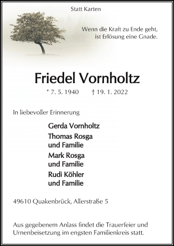 Traueranzeige von Friedel Vornholtz von Neue Osnabrücker Zeitung GmbH & Co. KG