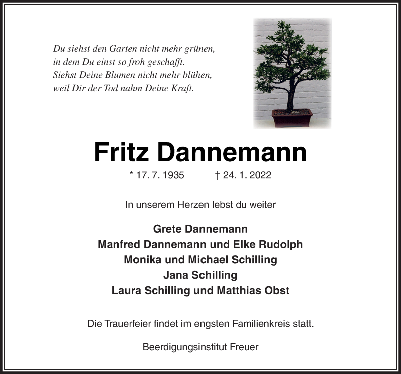  Traueranzeige für Fritz Dannemann vom 27.01.2022 aus Neue Osnabrücker Zeitung GmbH & Co. KG
