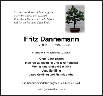 Traueranzeige von Fritz Dannemann von Neue Osnabrücker Zeitung GmbH & Co. KG