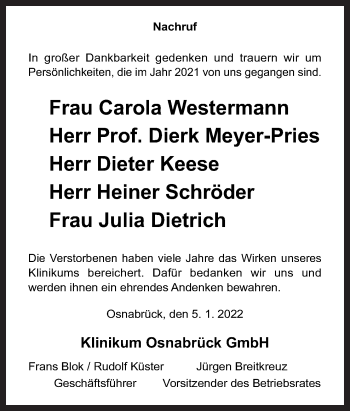 Traueranzeige von Gedenken  von Neue Osnabrücker Zeitung GmbH & Co. KG