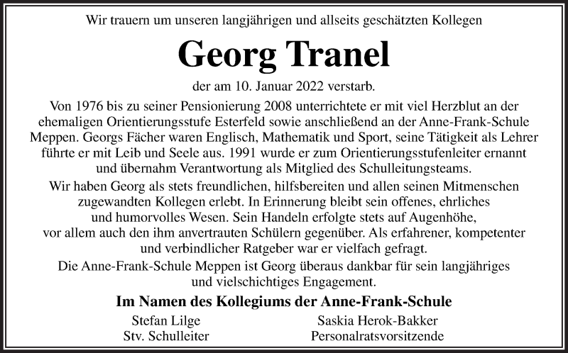  Traueranzeige für Georg Tranel vom 20.01.2022 aus Neue Osnabrücker Zeitung GmbH & Co. KG